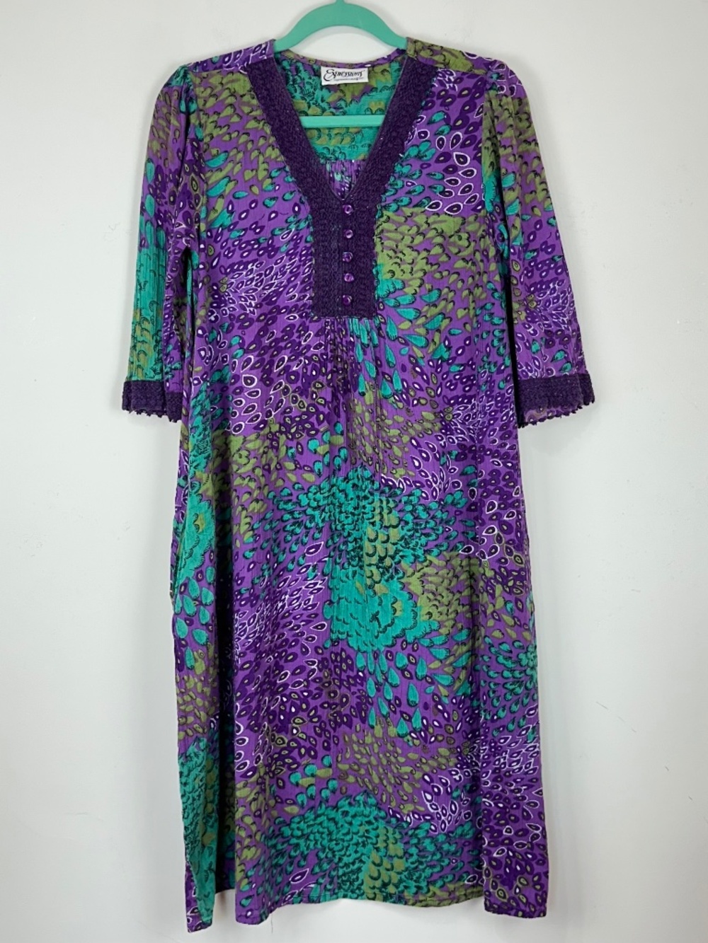 Vintage Expressions Women's Crochet Colorful V-Neck Cotton Dress M Boho Prairie
